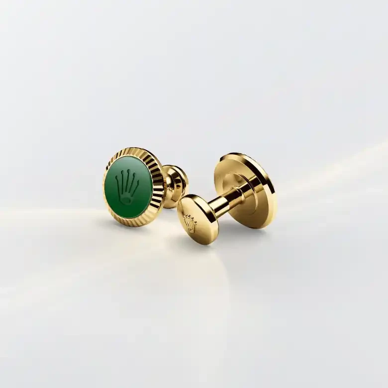 Rolex Manschettenknöpfe „Riffeldesign“ in Gelbgold und Keramik, a1038 bei Uhren Schmiemann