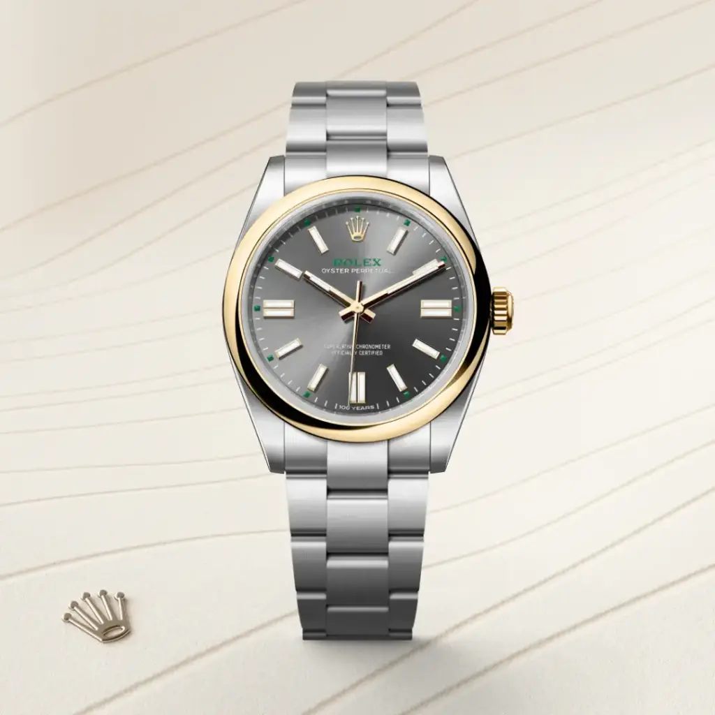 Rolex Oyster Perpetual in Rolesor gelb (Kombination aus Edelstahl Oystersteel und Gelbgold), M134303-0001-3 – Uhren Schmiemann