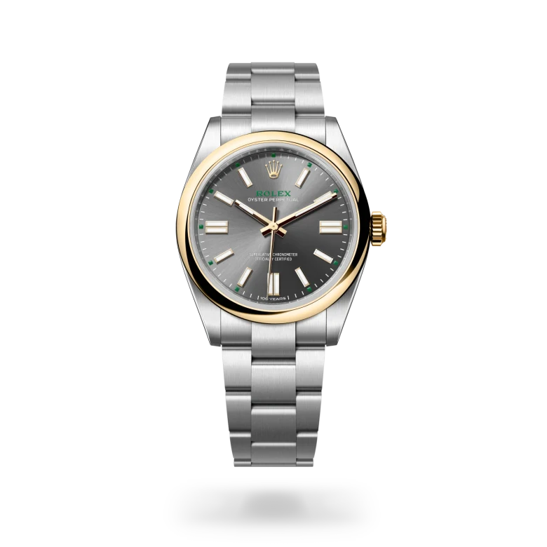 Rolex Oyster Perpetual in Rolesor gelb (Kombination aus Edelstahl Oystersteel und Gelbgold), M134303-0001-2 – Uhren Schmiemann
